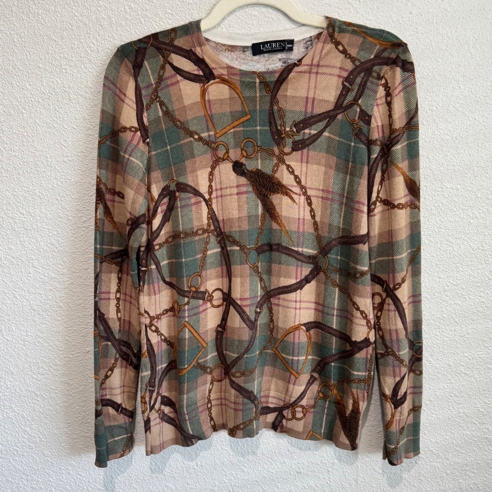 Lauren Ralph‎ Lauren Plaid Equestrian Horsebit Print Sweater Long Sleeve Sweater